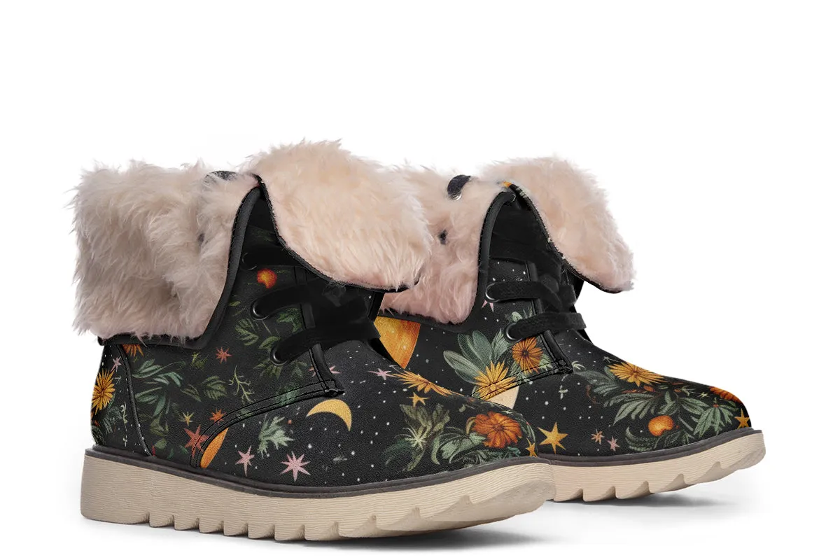 Lunar Meadow Fold Over Winter Boots - Microsuede Vegan Boots with Fur Lining and Convertible Style