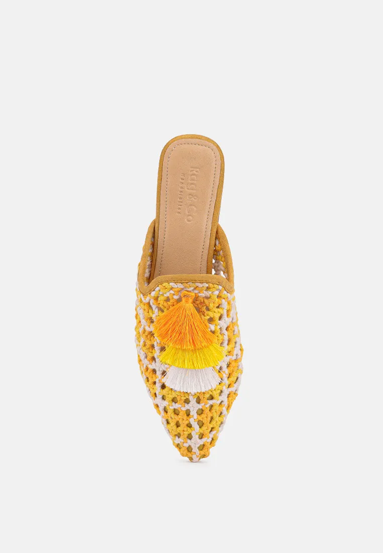 MARIANA Yellow Woven Flat Mules With Tassels