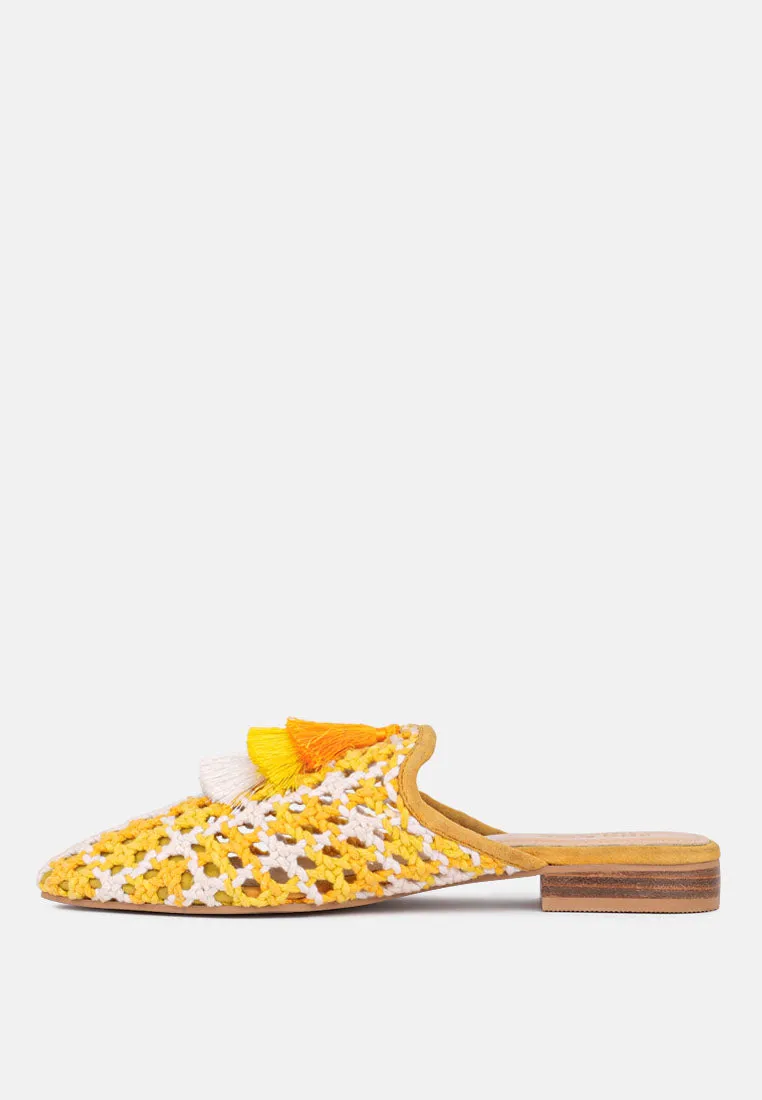 MARIANA Yellow Woven Flat Mules With Tassels