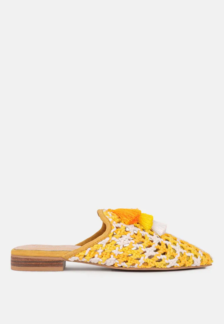 MARIANA Yellow Woven Flat Mules With Tassels