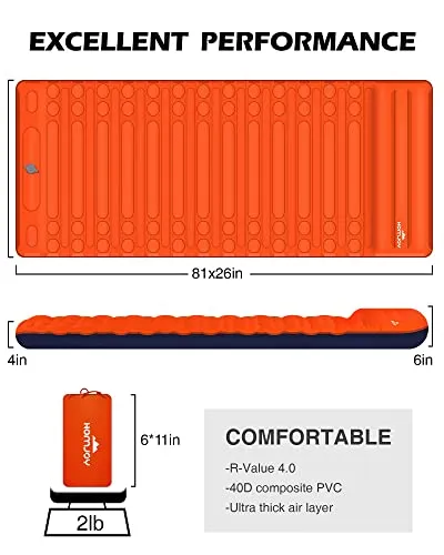 Megior Camping Sleeping Pad, Extra Thickness 4 Inch Inflatable Sleeping Mat Lightweight Waterproof Camping with Built-in Pump Air Mattress for Backpacking, Hiking, Tent, Traveling, Orange