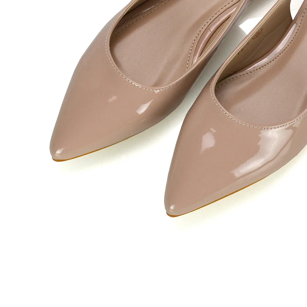 Mindy Pointed Toe Slingback Flat Ballerina Pumps in Nude Patent