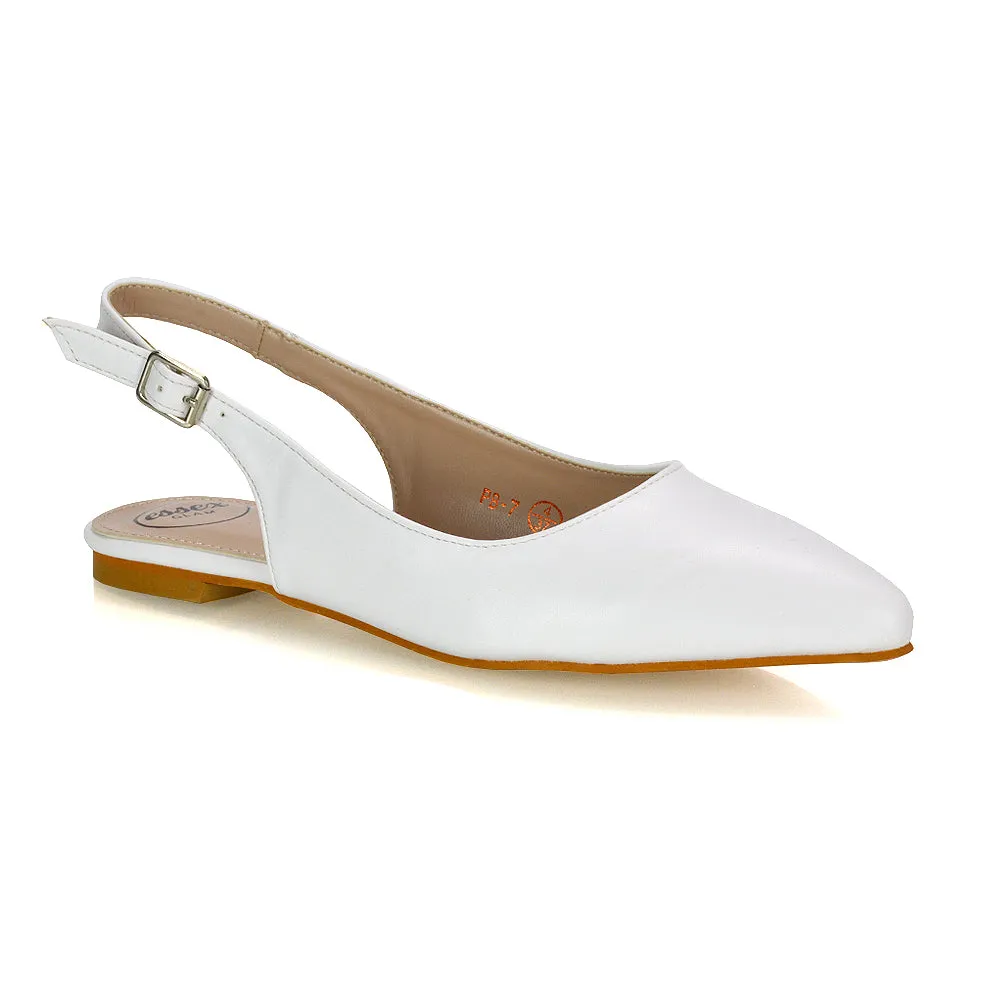 Mindy Pointed Toe Slingback Flat Ballerina Pumps in Nude Patent