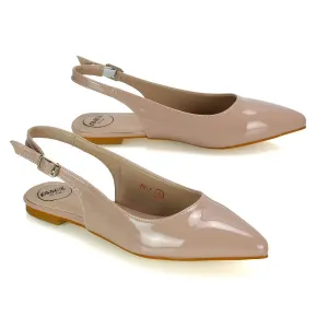 Mindy Pointed Toe Slingback Flat Ballerina Pumps in Nude Patent