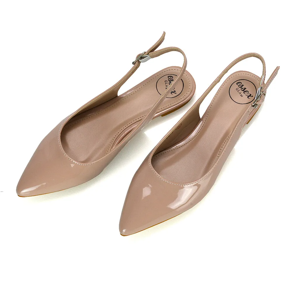 Mindy Pointed Toe Slingback Flat Ballerina Pumps in Nude Patent