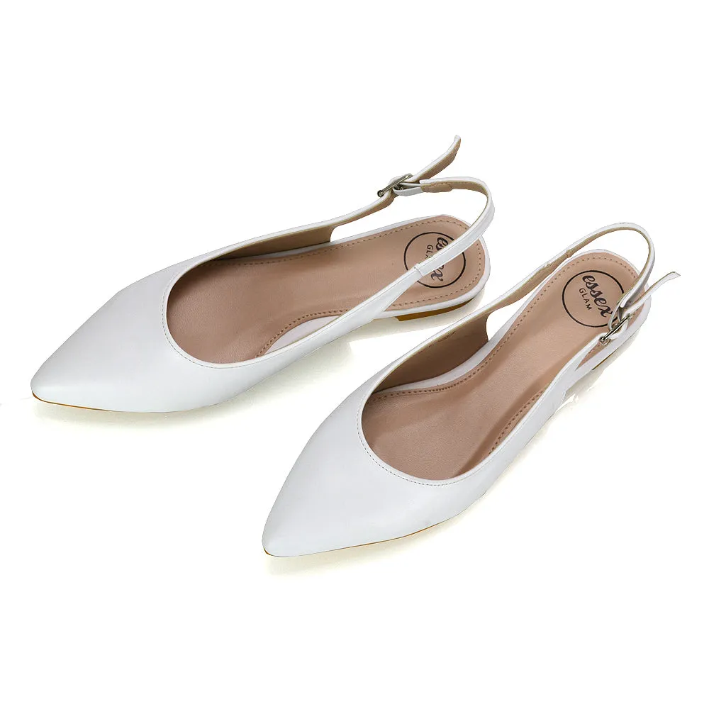 Mindy Pointed Toe Slingback Flat Ballerina Pumps in Nude Patent