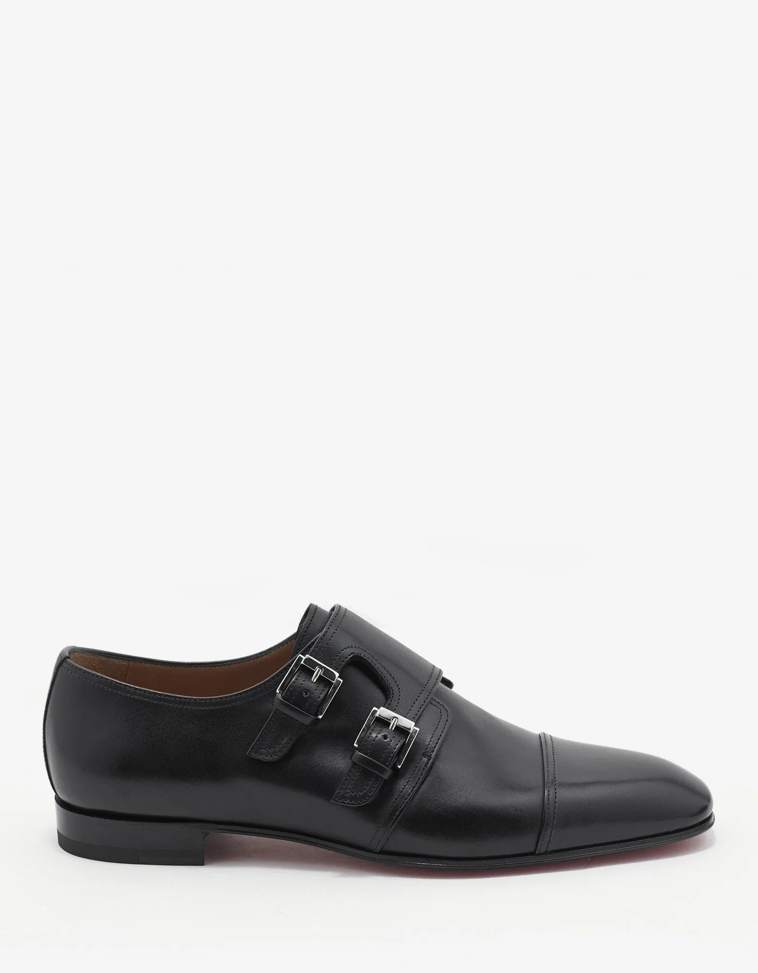 Mortimer Flat Black Leather Monk Strap Shoes -