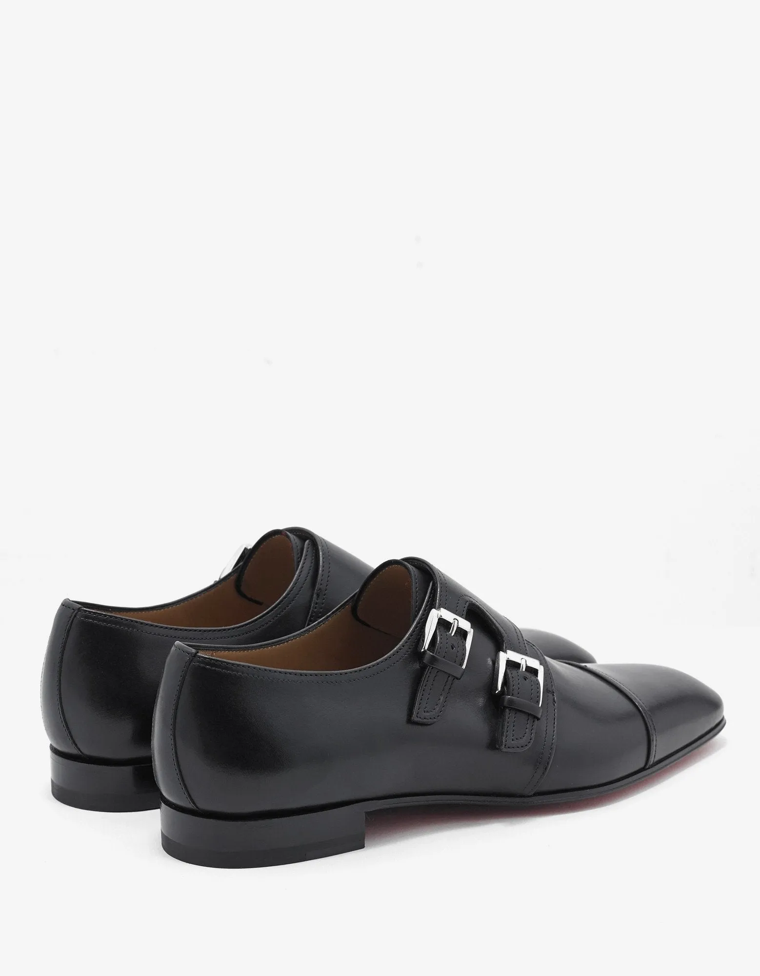 Mortimer Flat Black Leather Monk Strap Shoes -