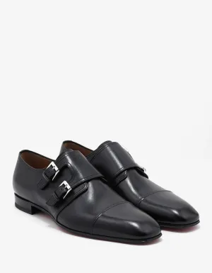 Mortimer Flat Black Leather Monk Strap Shoes -