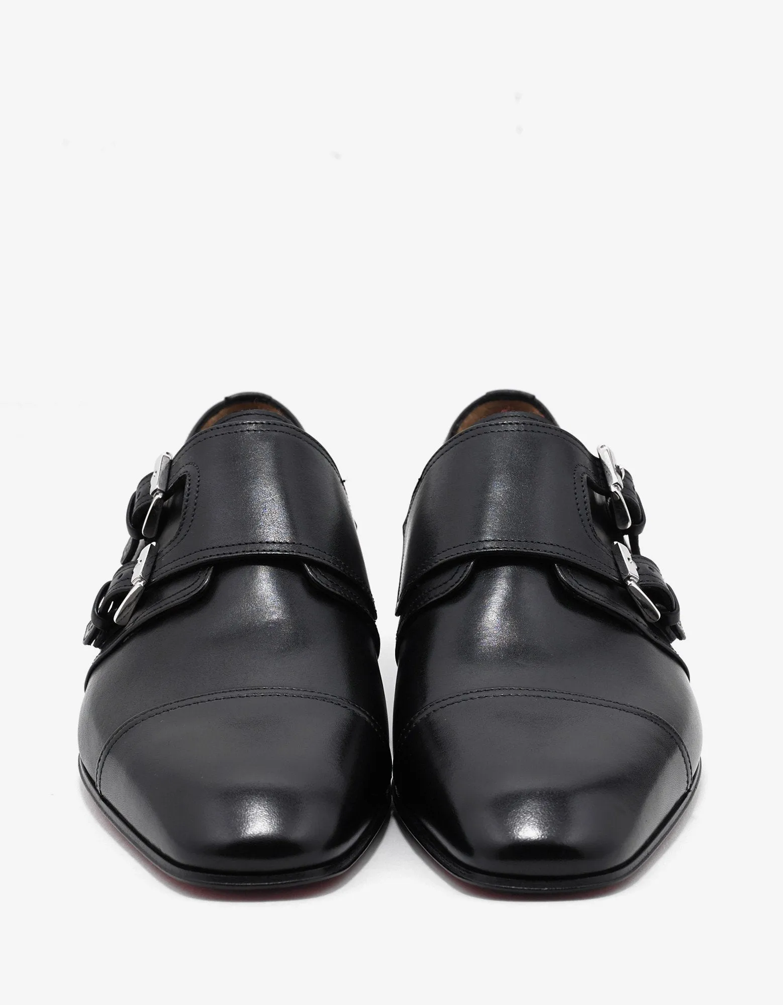 Mortimer Flat Black Leather Monk Strap Shoes -