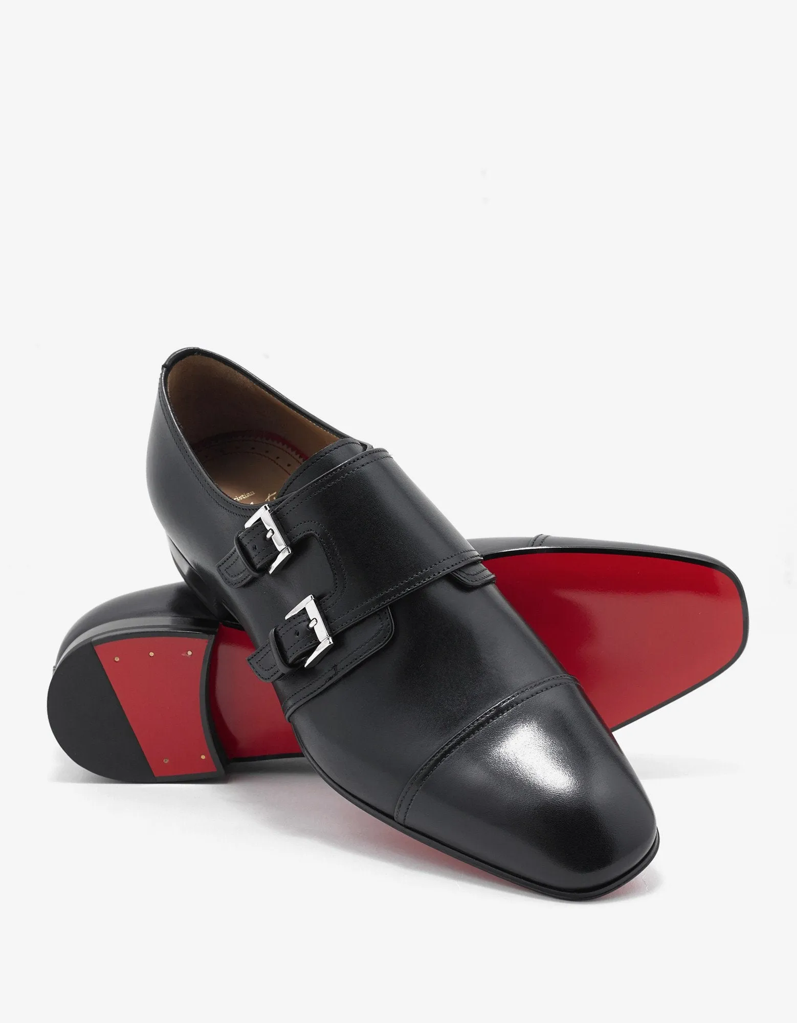 Mortimer Flat Black Leather Monk Strap Shoes -