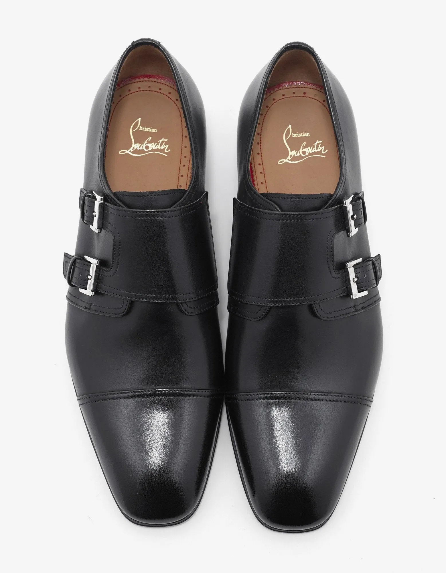 Mortimer Flat Black Leather Monk Strap Shoes -