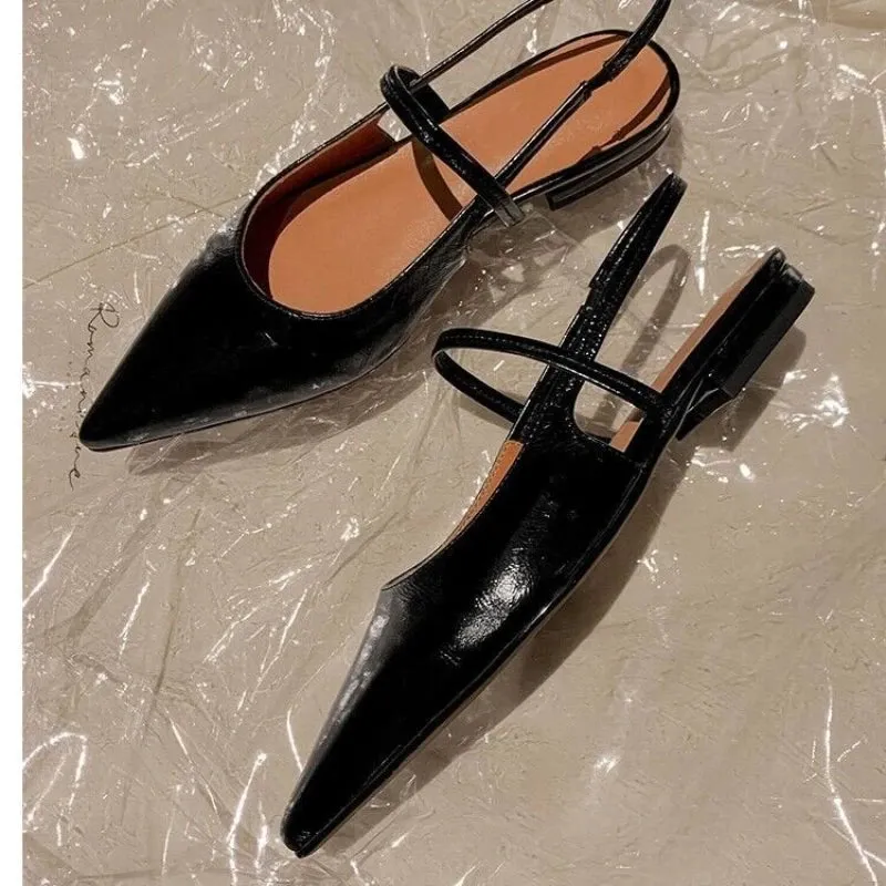 New Baotou Patent Leather One line Buckle Strap Cat Heel Sandals Female Sexy Black Silk Pointed Thin Heel  Flat Shoes