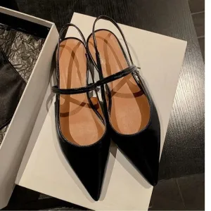 New Baotou Patent Leather One line Buckle Strap Cat Heel Sandals Female Sexy Black Silk Pointed Thin Heel  Flat Shoes