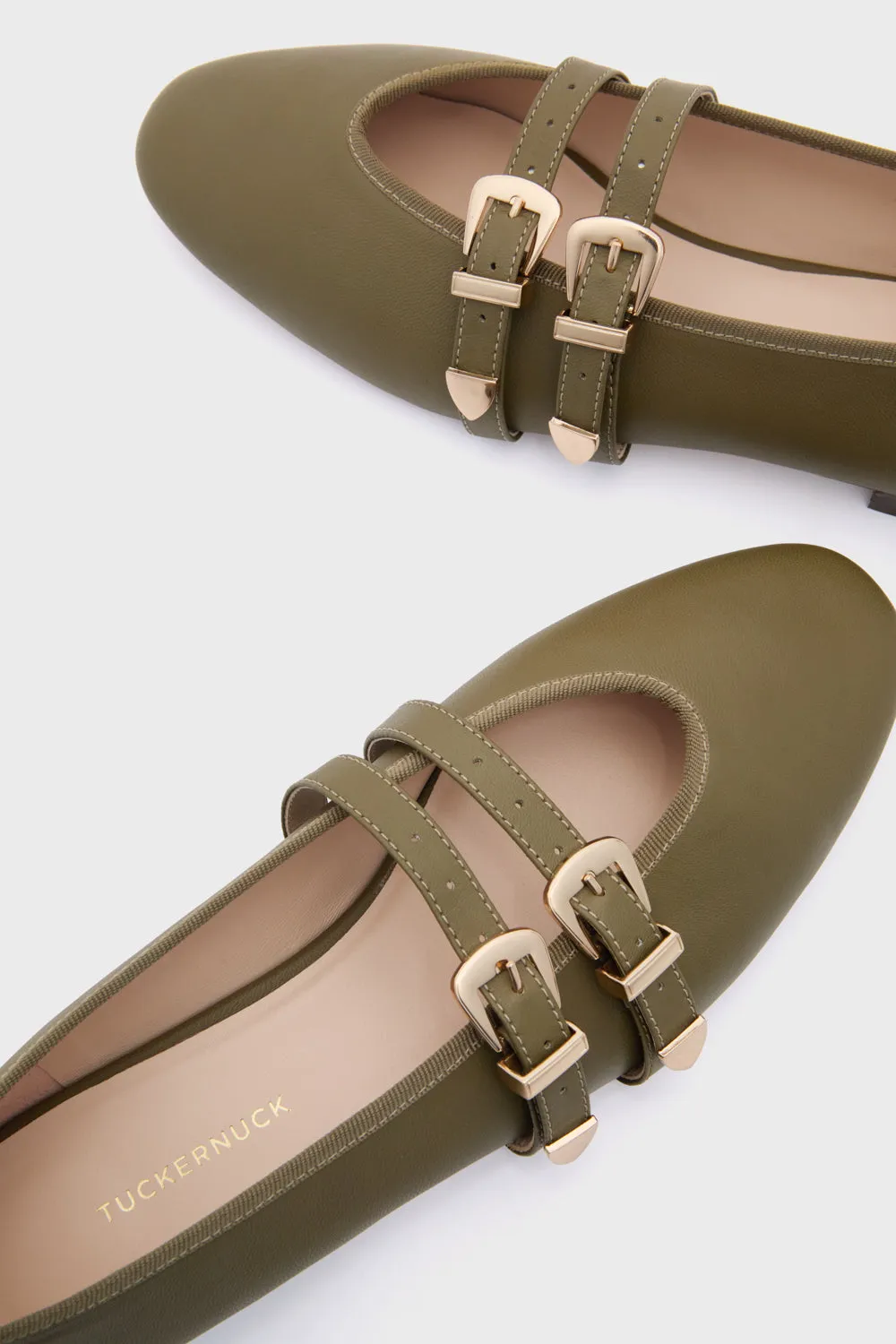 Olive Leather Buckle Nina Flats