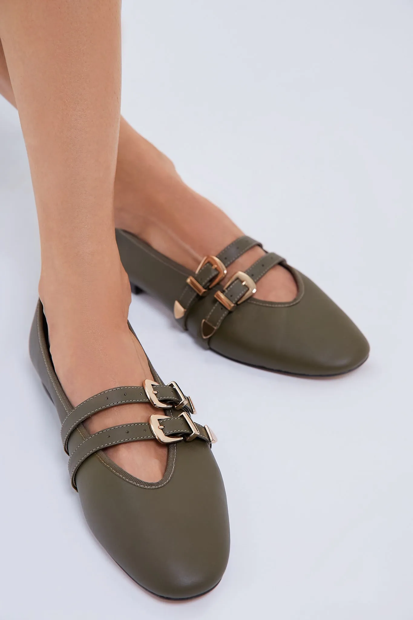 Olive Leather Buckle Nina Flats