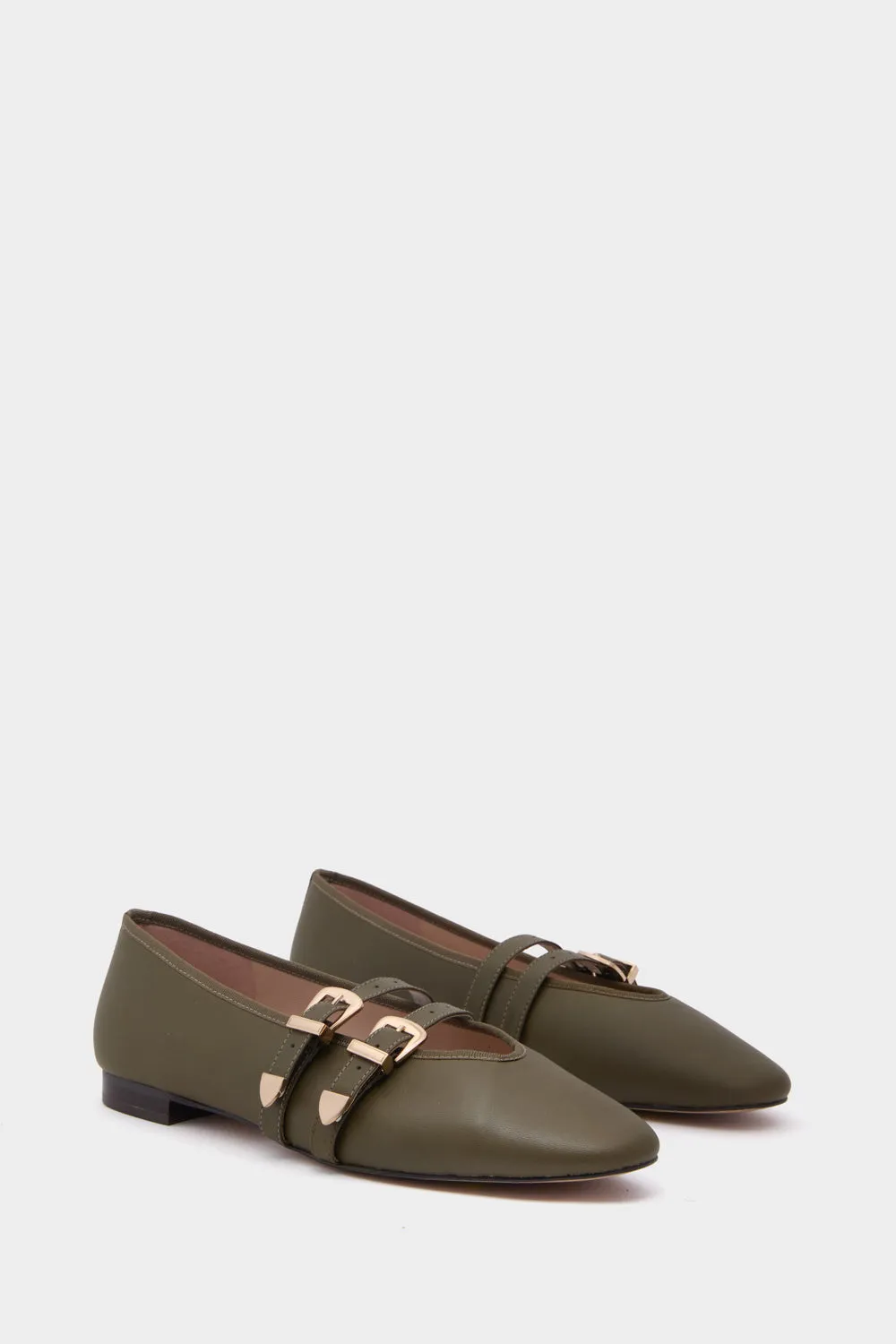 Olive Leather Buckle Nina Flats