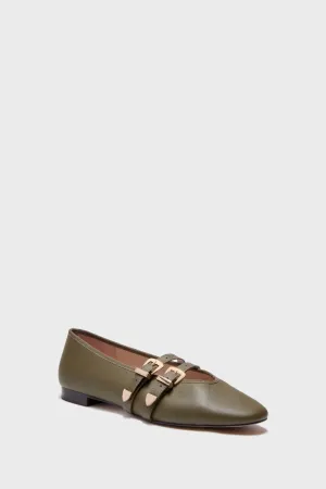 Olive Leather Buckle Nina Flats