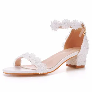 Open Toe Lace Pearl Ankle Strap Chunky Heel