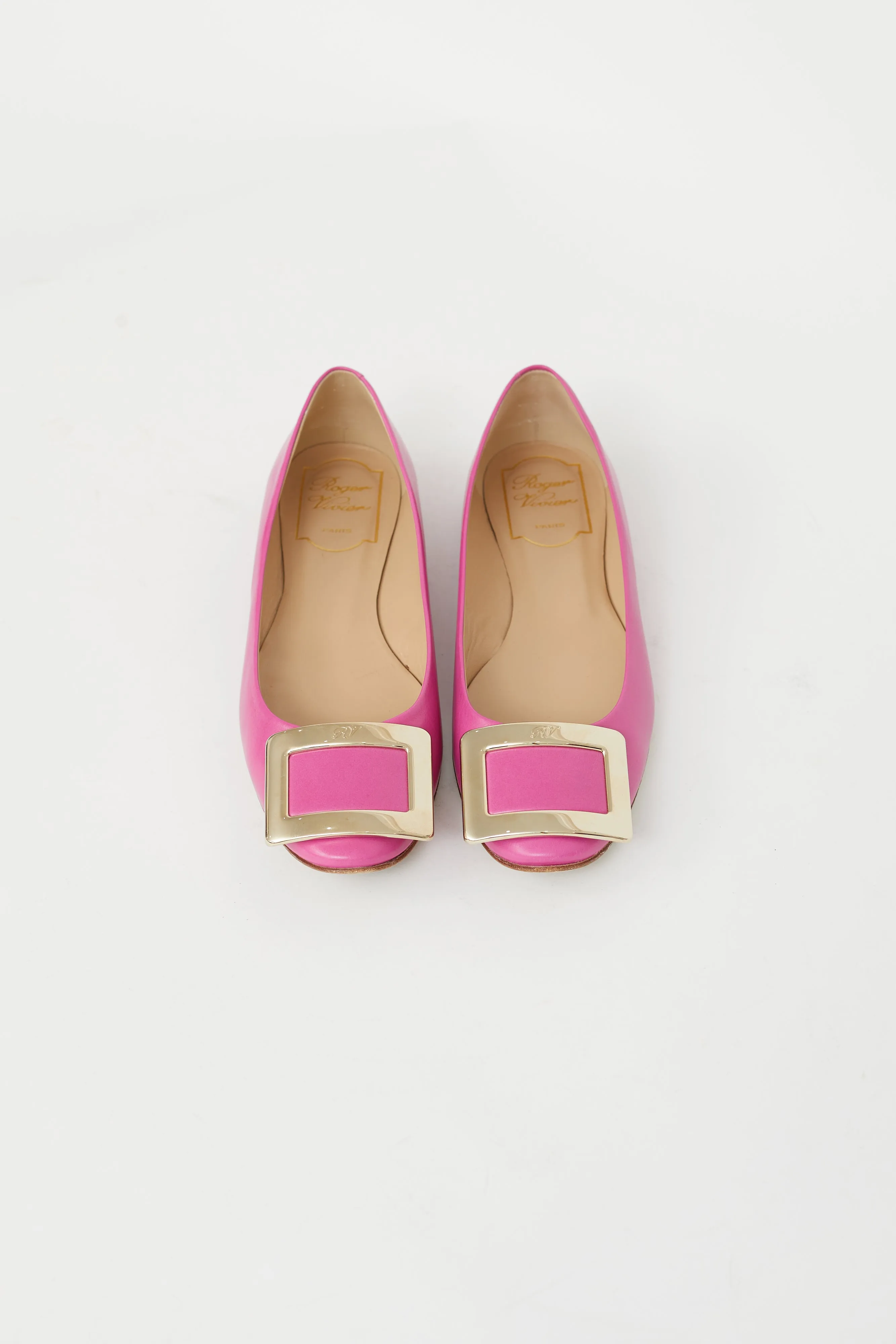 Pink Leather & Gold Buckle Flat