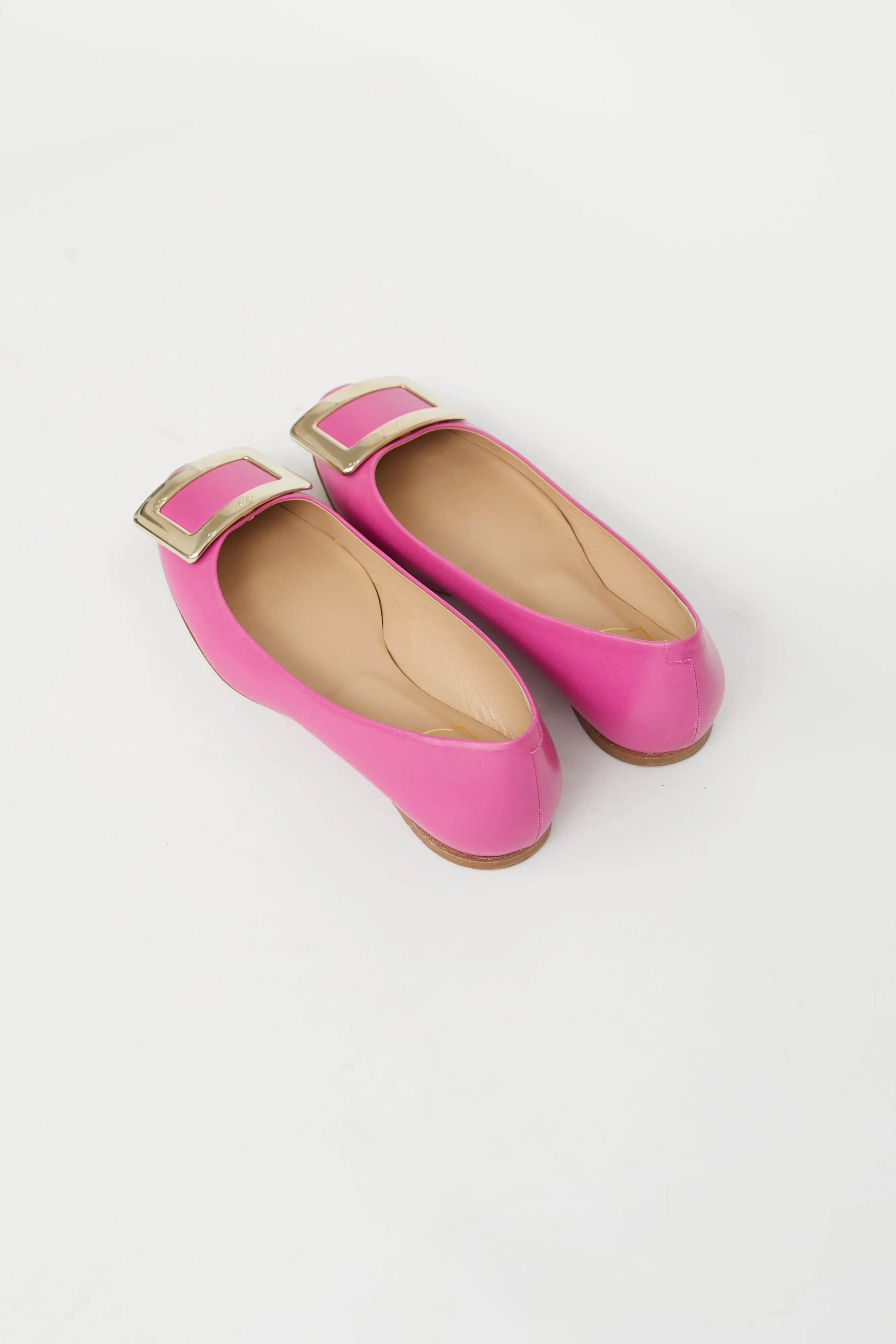 Pink Leather & Gold Buckle Flat