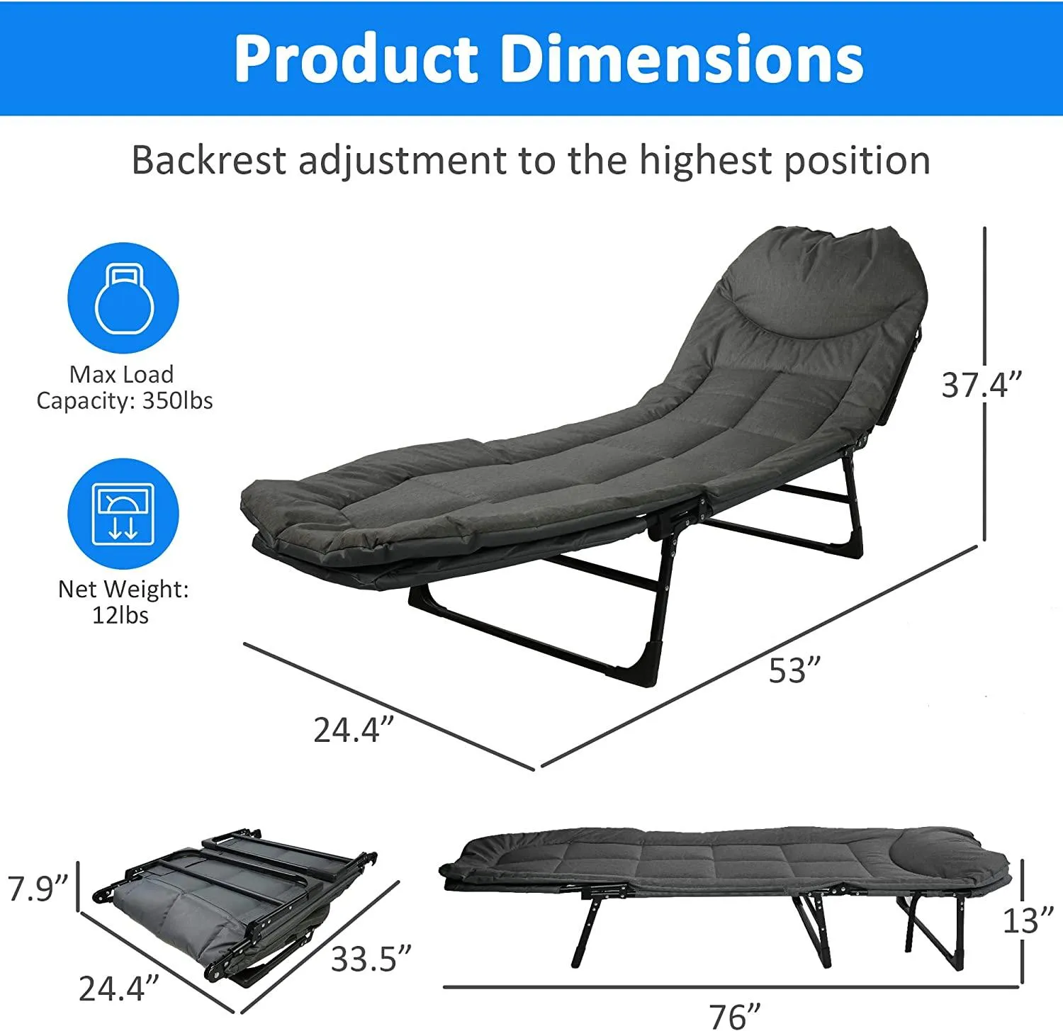 Portable Folding Camping Cot, Adjustable Backrest Outdoor Lounge Chair Sleeping Cots