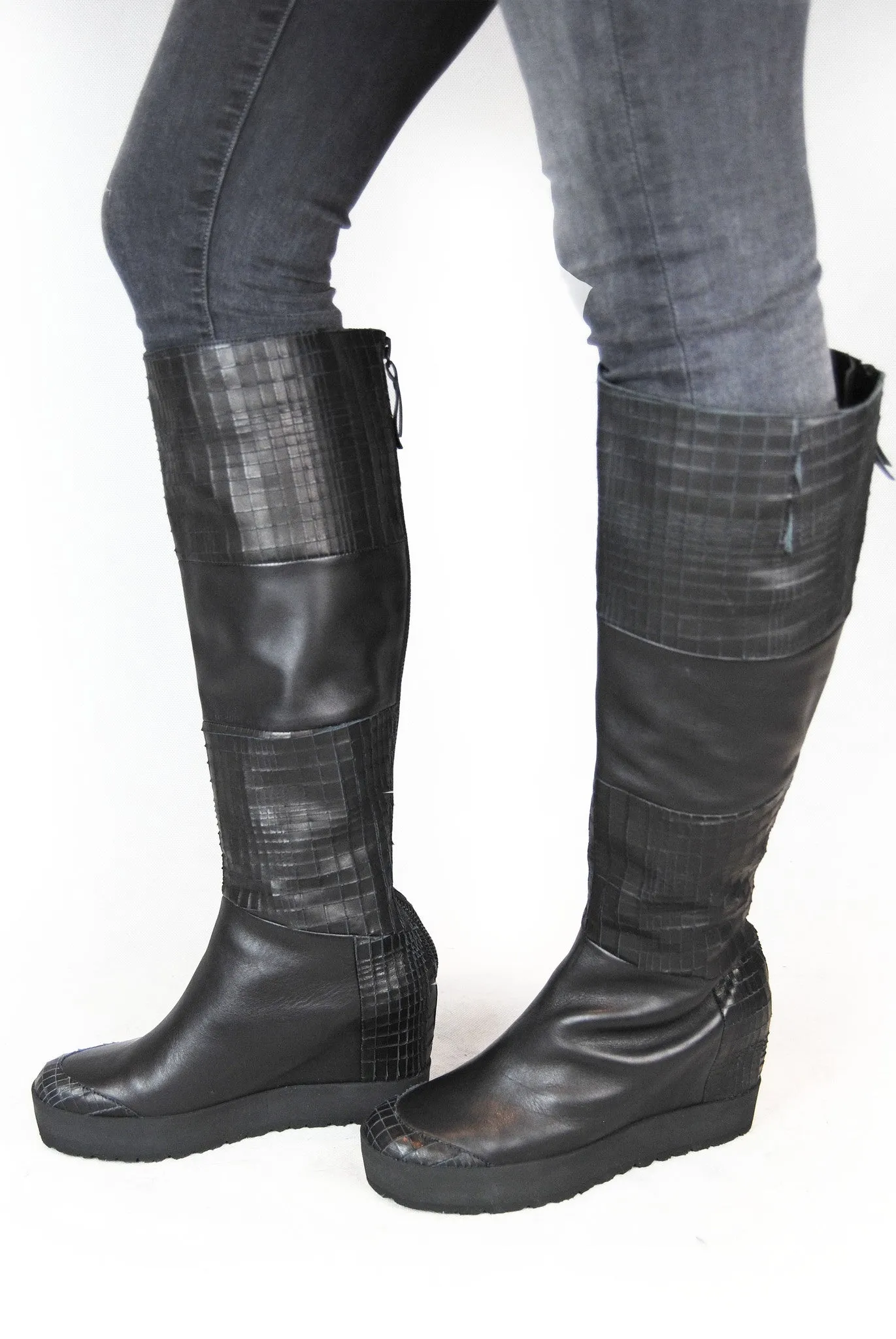 Puro Mixed Up Black Wedge Long Knee High Boot