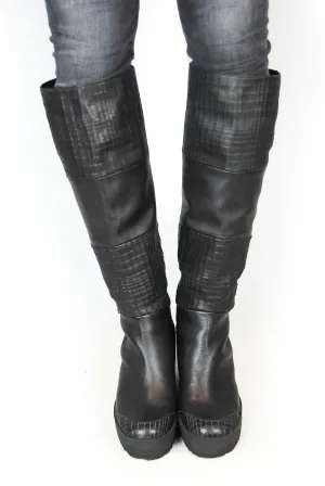 Puro Mixed Up Black Wedge Long Knee High Boot