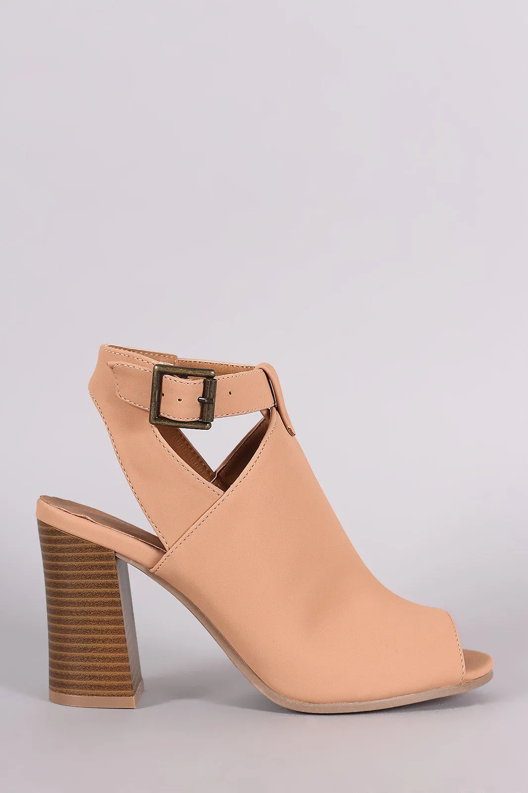 Qupid Nubuck Buckled Peep Toe Chunky Heeled Mule Booties