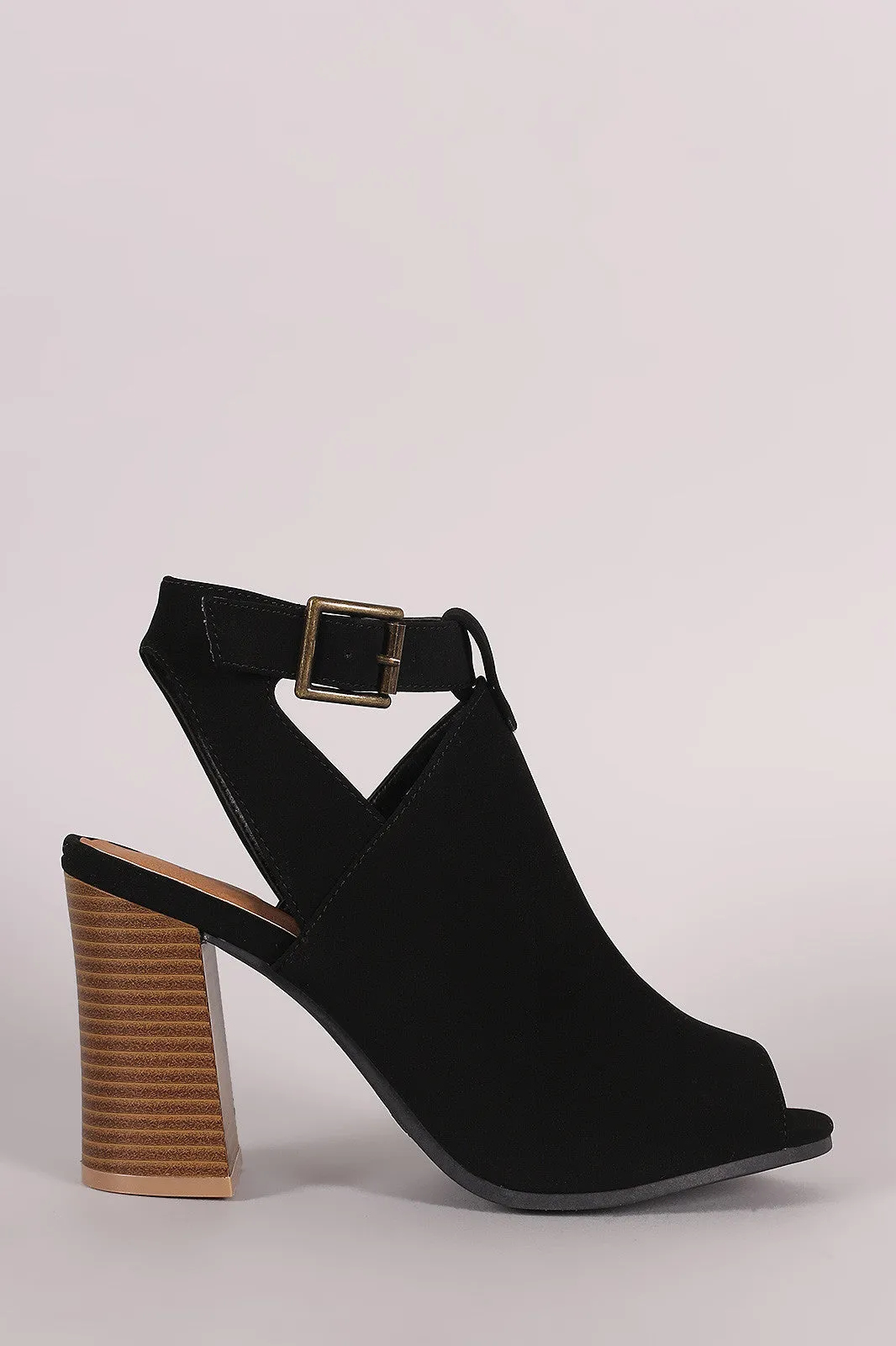 Qupid Nubuck Buckled Peep Toe Chunky Heeled Mule Booties