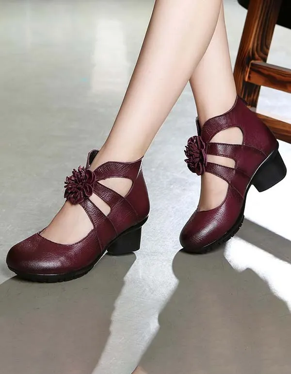 Retro Leather Flower Summer Chunky Heels