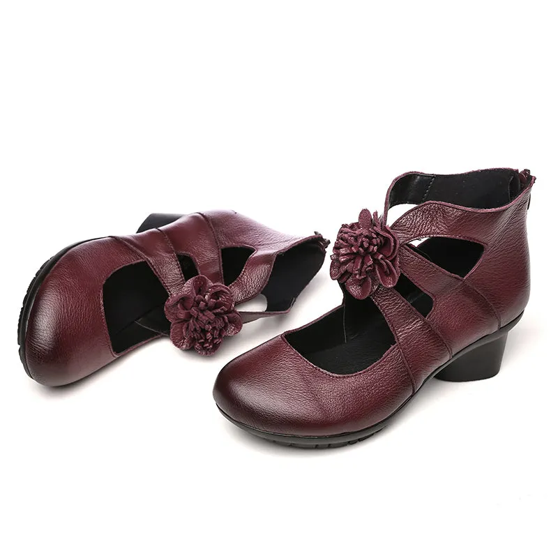 Retro Leather Flower Summer Chunky Heels