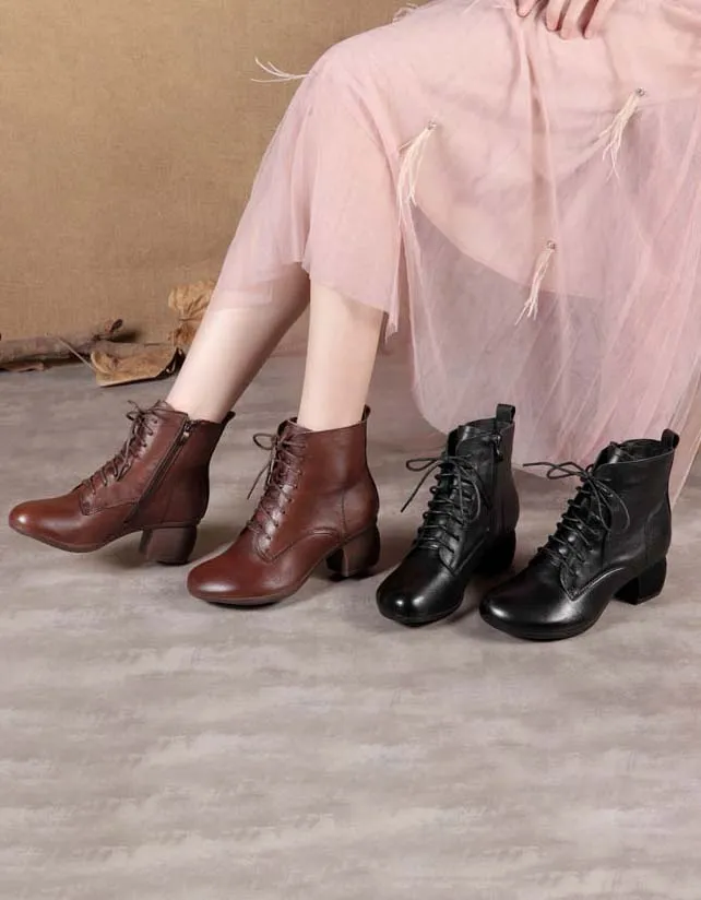 Retro Leather Lace-up Chunky Heels Boots