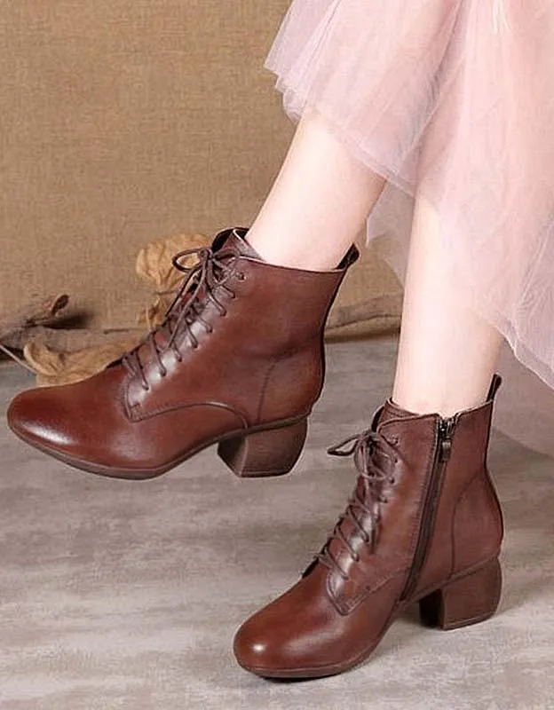 Retro Leather Lace-up Chunky Heels Boots