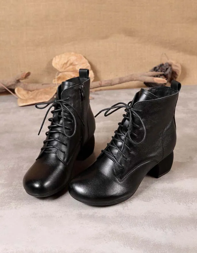 Retro Leather Lace-up Chunky Heels Boots