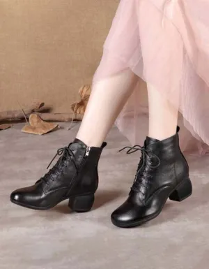 Retro Leather Lace-up Chunky Heels Boots