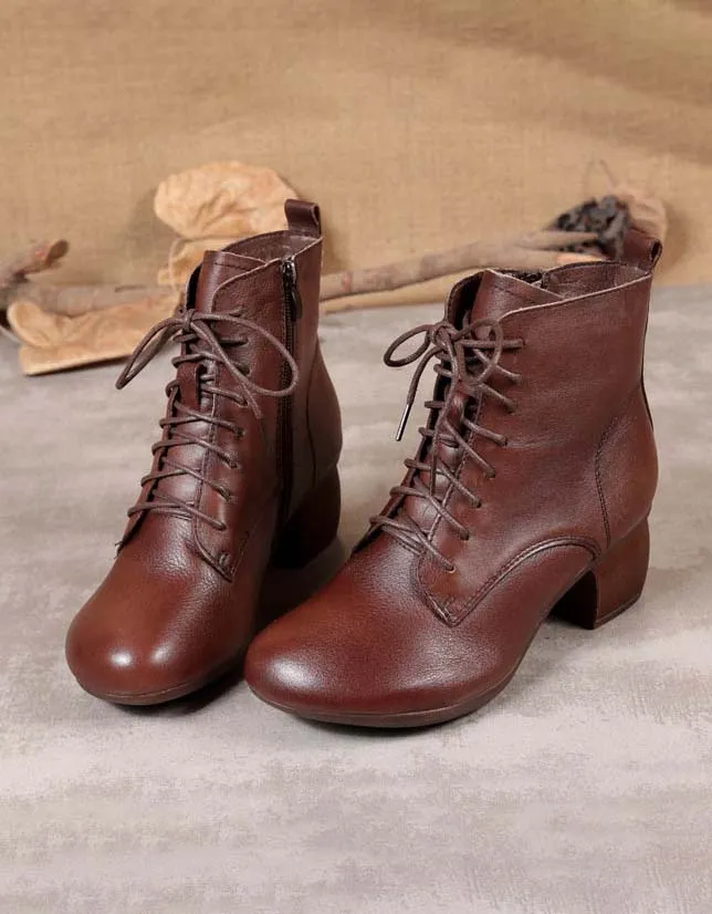 Retro Leather Lace-up Chunky Heels Boots