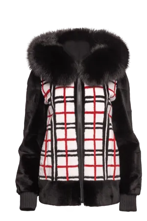 Reversible Plaid & Black Sheared Mink Fur Jacket - Fox Trimmed Hood