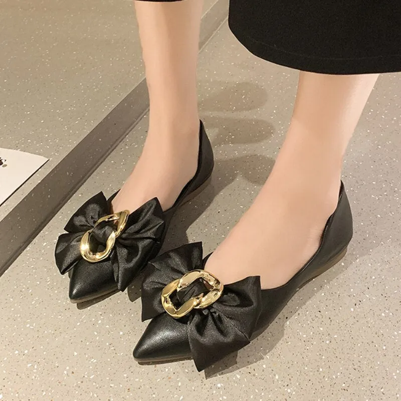 Rimocy Fashion Metal Decoration Bow Flats Women  New Pointed Toe Slip-on Pumps Woman Comfortable Soft Bottom Office Shoes