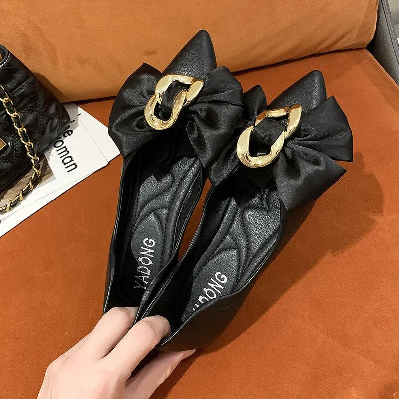 Rimocy Fashion Metal Decoration Bow Flats Women  New Pointed Toe Slip-on Pumps Woman Comfortable Soft Bottom Office Shoes