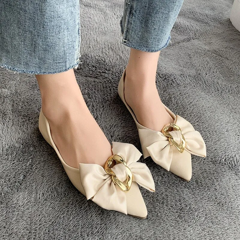 Rimocy Fashion Metal Decoration Bow Flats Women  New Pointed Toe Slip-on Pumps Woman Comfortable Soft Bottom Office Shoes