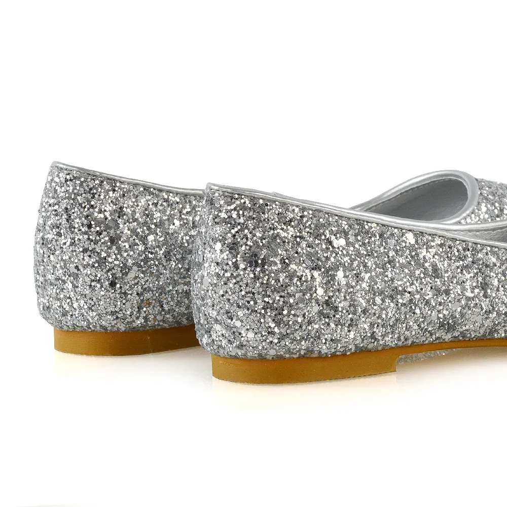 Rosalie Statement Pointed Toe Flat Bridal Ballerina Pump Shoes in Silver Glitter