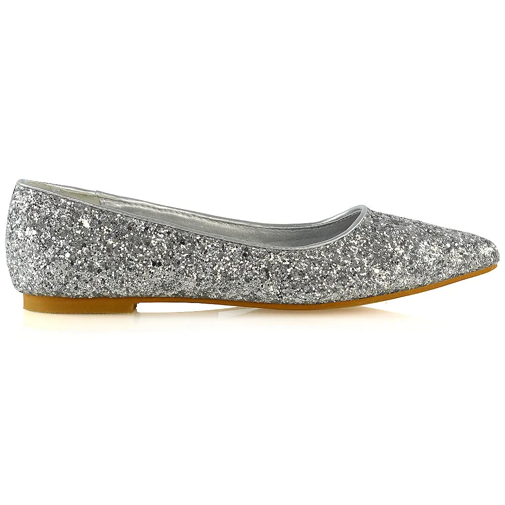 Rosalie Statement Pointed Toe Flat Bridal Ballerina Pump Shoes in Silver Glitter