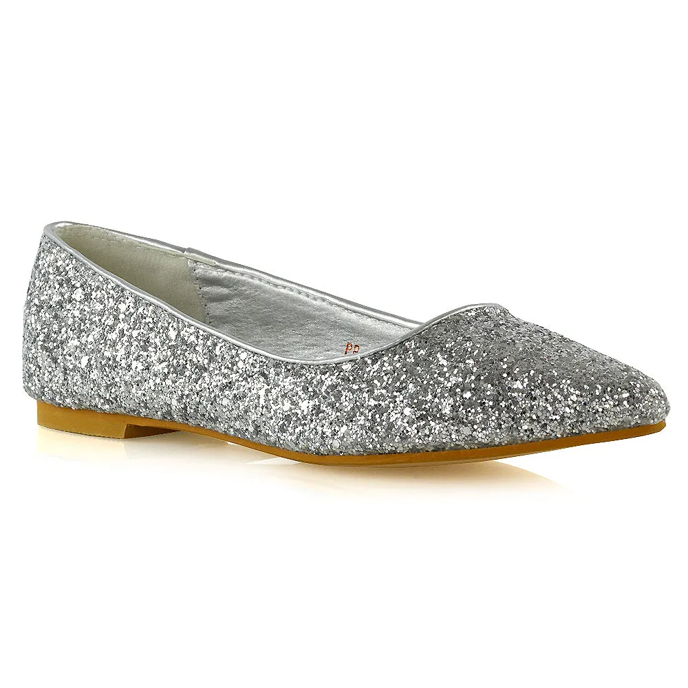 Rosalie Statement Pointed Toe Flat Bridal Ballerina Pump Shoes in Silver Glitter