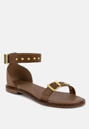 ROSEMARY Buckle Straps Tan Flat Sandals