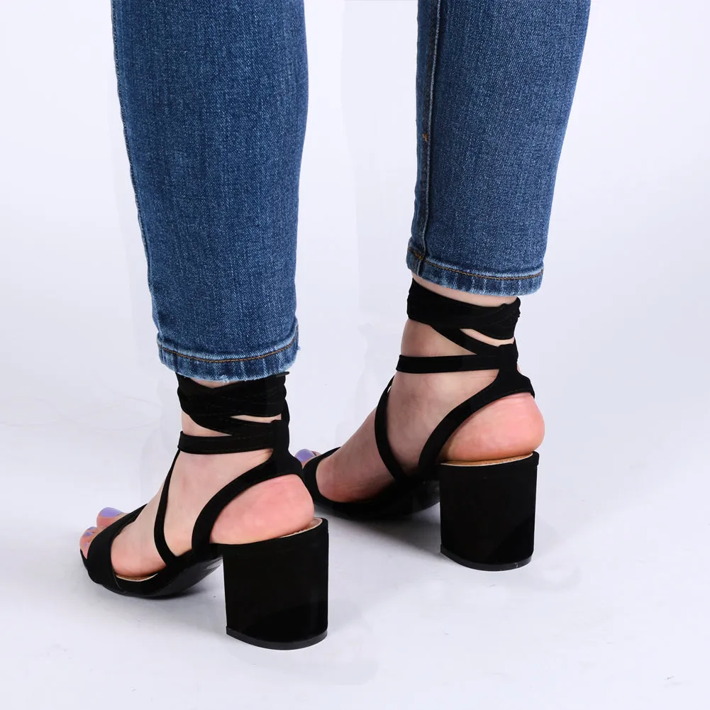 Sophie Heeled Sandals in Black Faux Suede