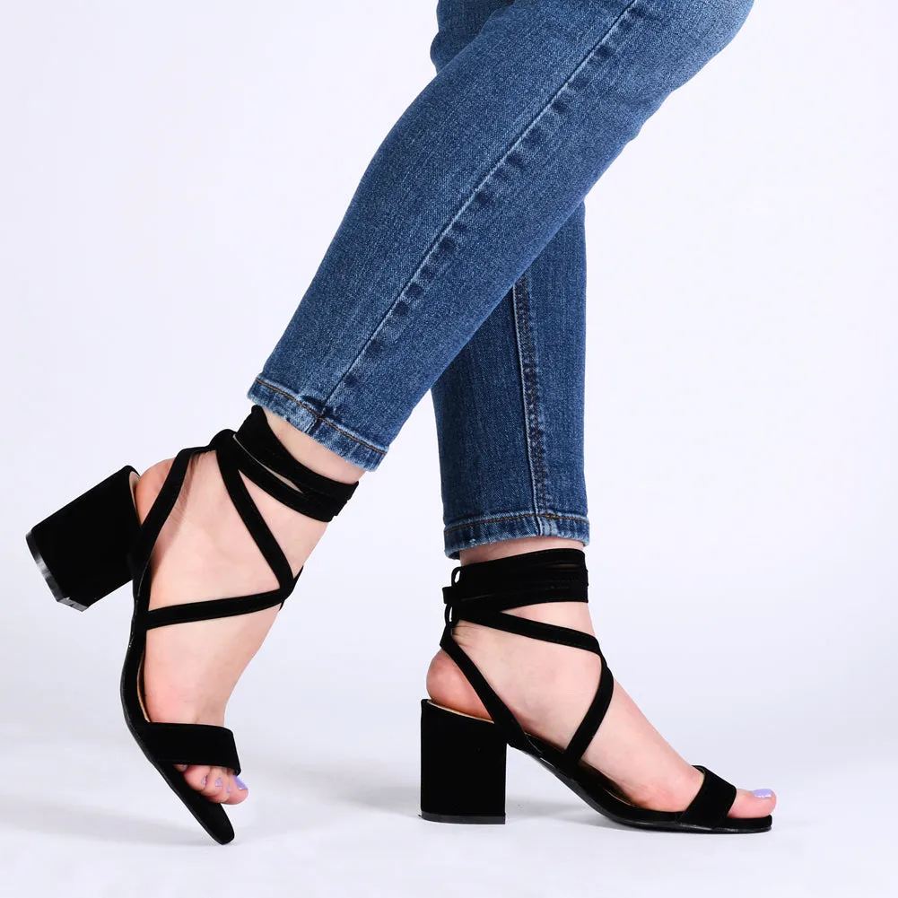 Sophie Heeled Sandals in Black Faux Suede