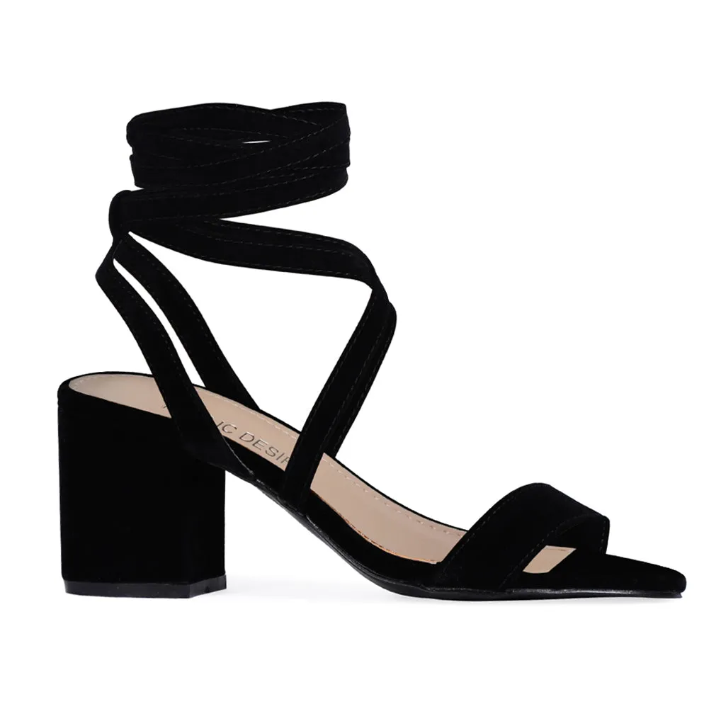 Sophie Heeled Sandals in Black Faux Suede