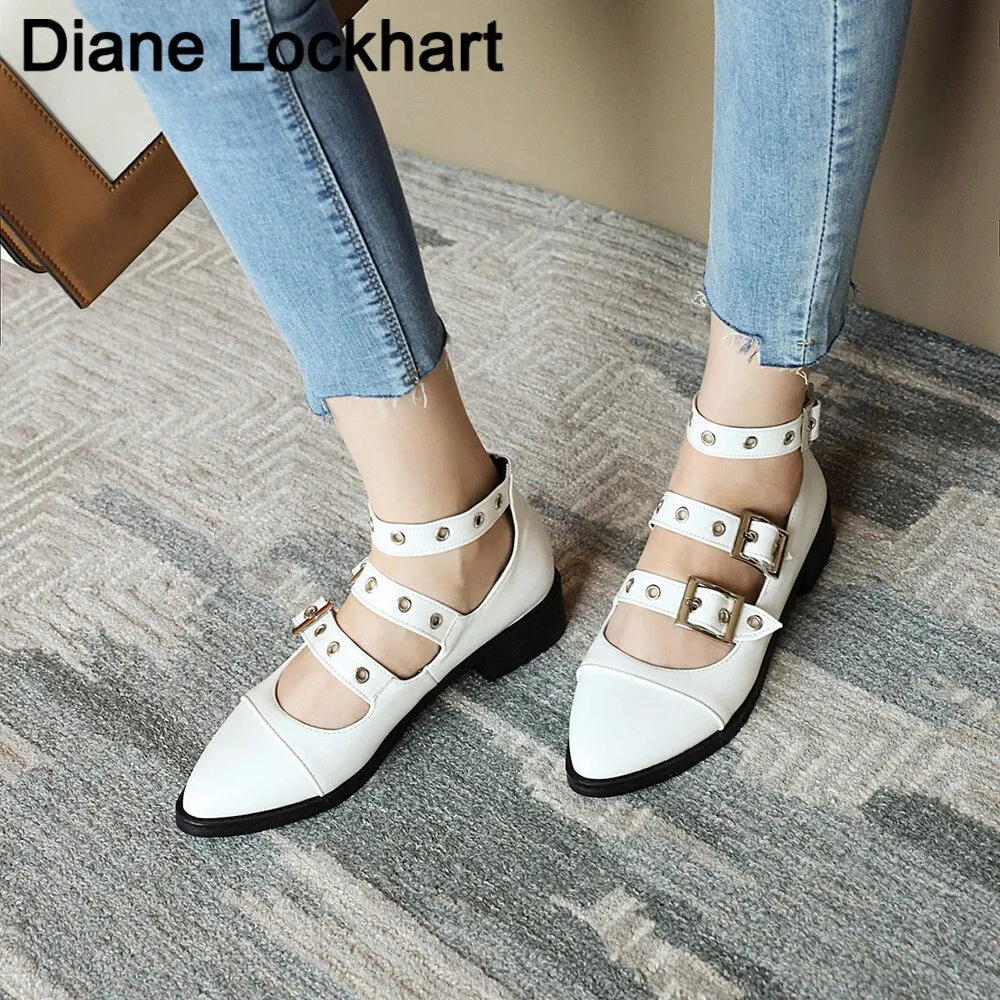 Spring Casual PU Leather Shoes Women Punk Shallow Flat Shoe Fashion Lolita Women Belt Buckle Shoes Belt Buckle Pointed Toe Flats