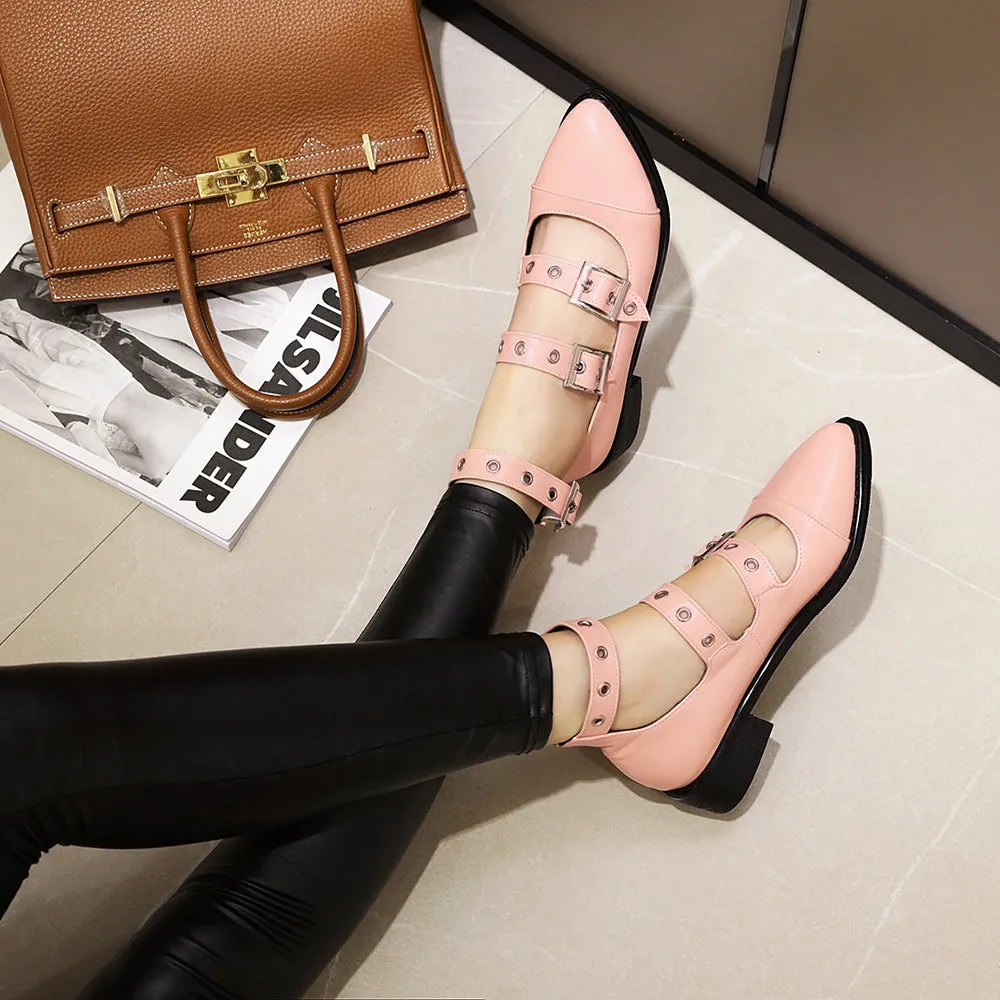 Spring Casual PU Leather Shoes Women Punk Shallow Flat Shoe Fashion Lolita Women Belt Buckle Shoes Belt Buckle Pointed Toe Flats